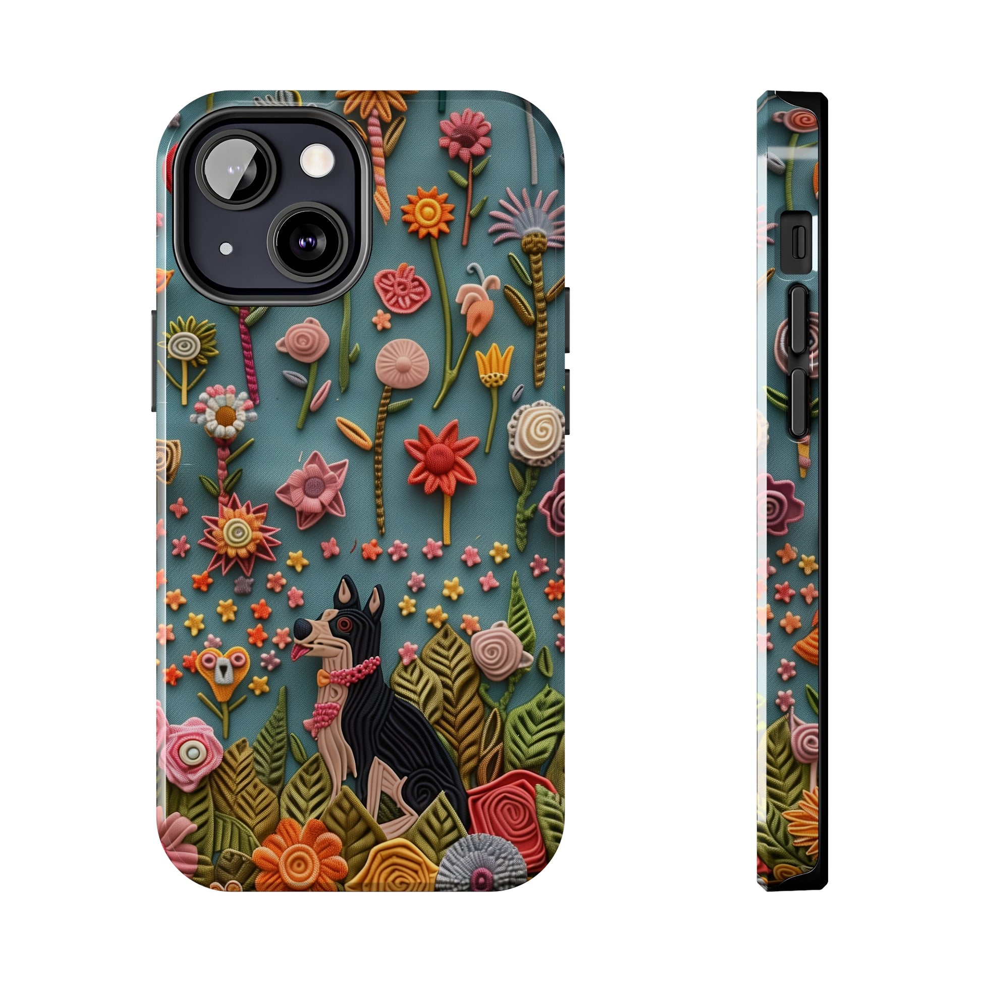 Dog and Flowers 3D Embroidered Design Dog iPhone Case - Tough Case - Pets on Merch