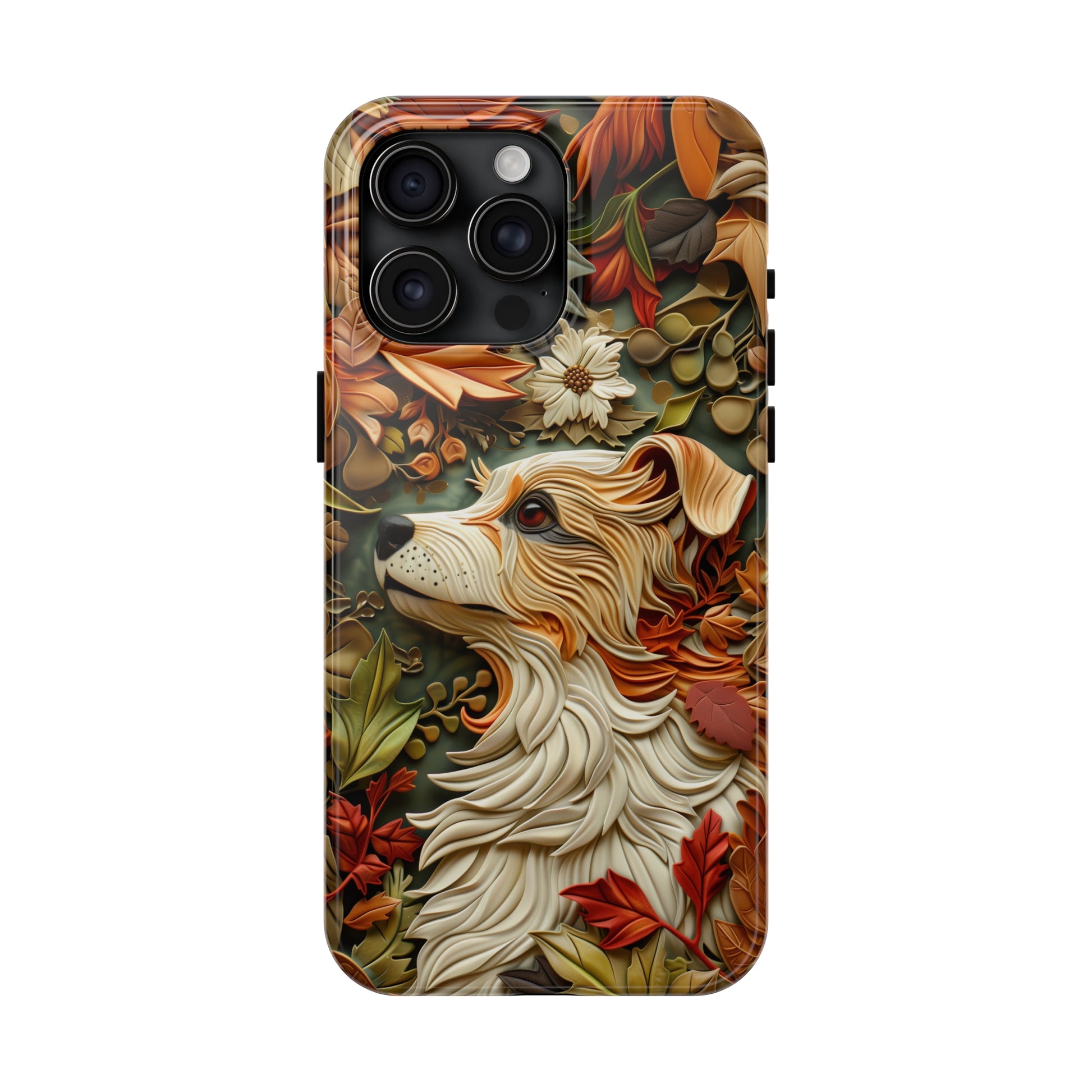 Dog and Leaves Wood Carving Design Dog iPhone Case - Tough Case - Pets on Merch dog-themed phone cases. Shop now for high-quality cases that combine style and protection. Unique art graphic Pet phone case. Tough case for iPhone 15 14 13 11 12 x se xs sr 8 7 pro plus max mini. Durable 2-piece design