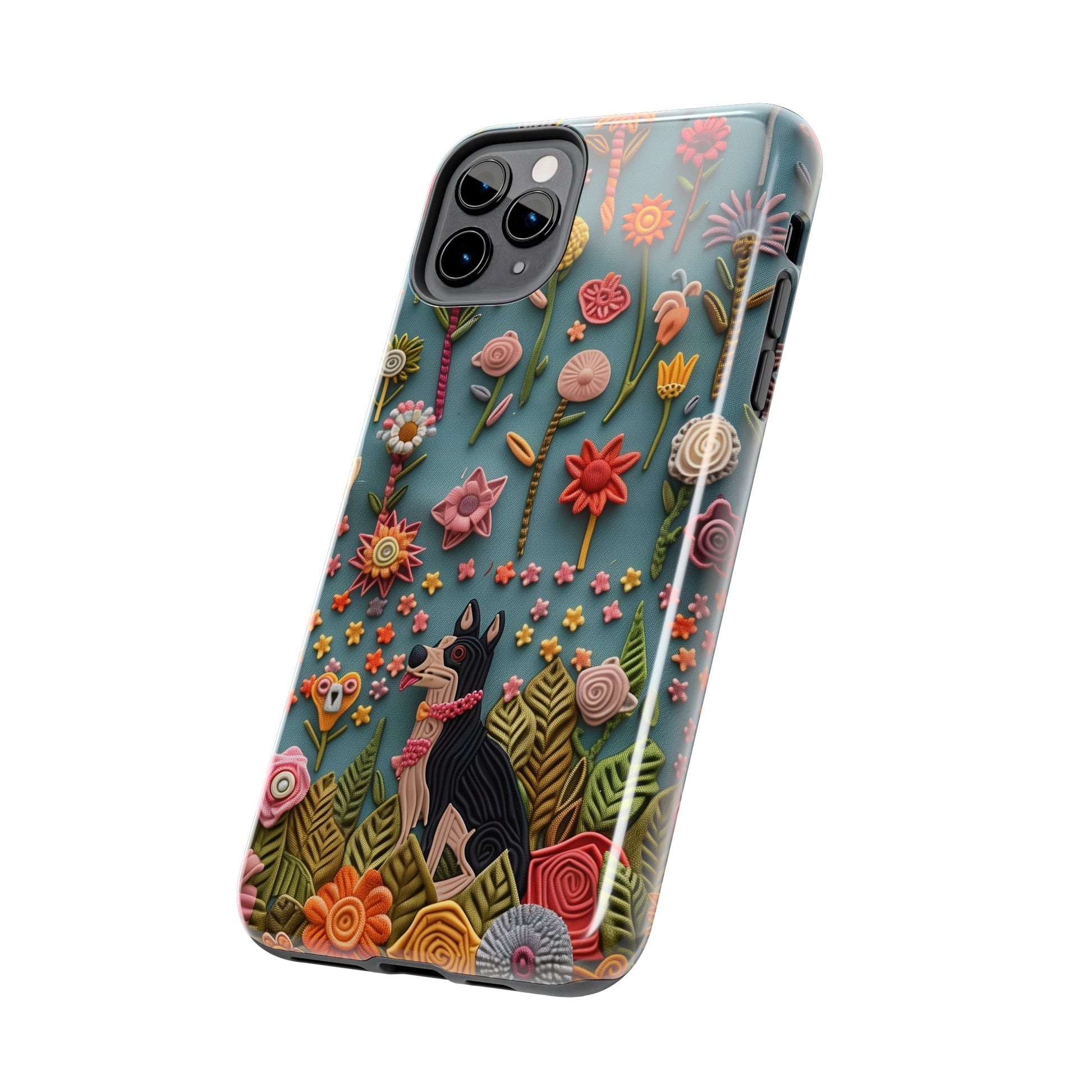 Dog and Flowers 3D Embroidered Design Dog iPhone Case - Tough Case - Pets on Merch