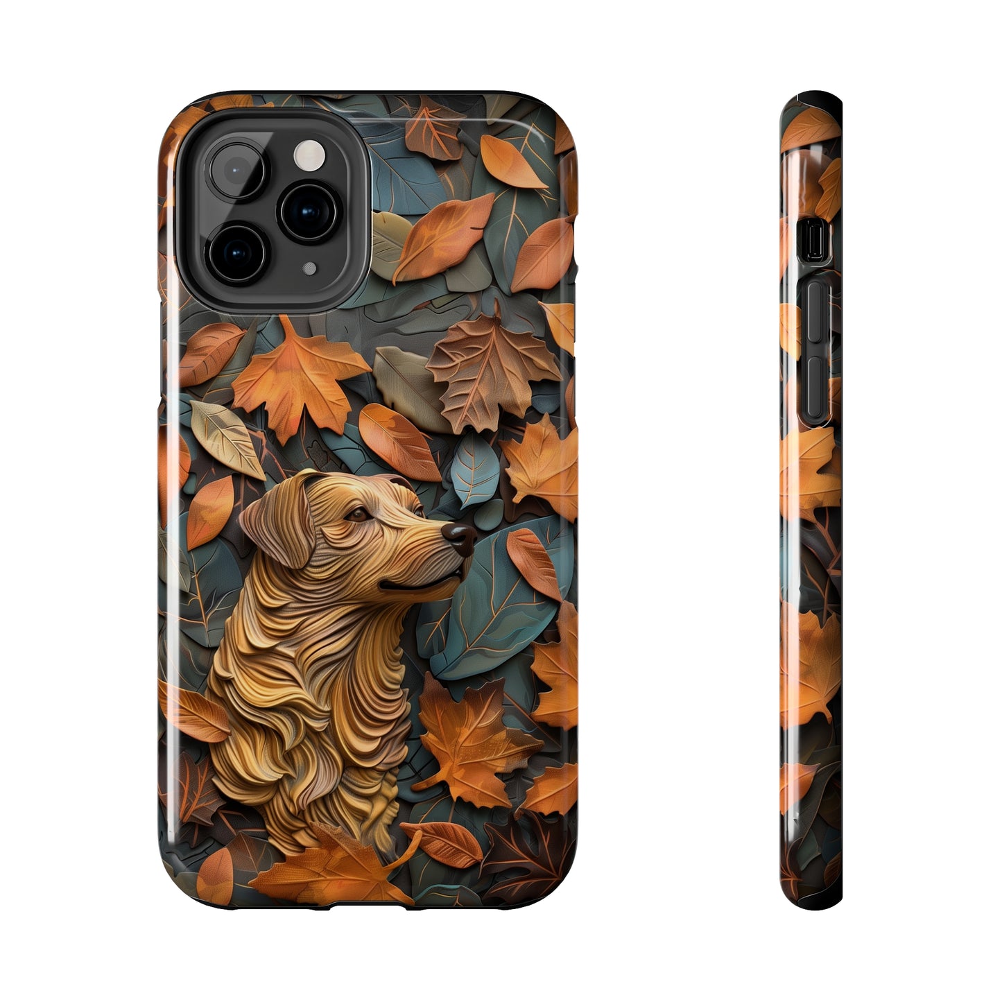 Dog and Autumn Leaves Wood Carving Design Dog iPhone Case - Tough Case - Pets on Merch