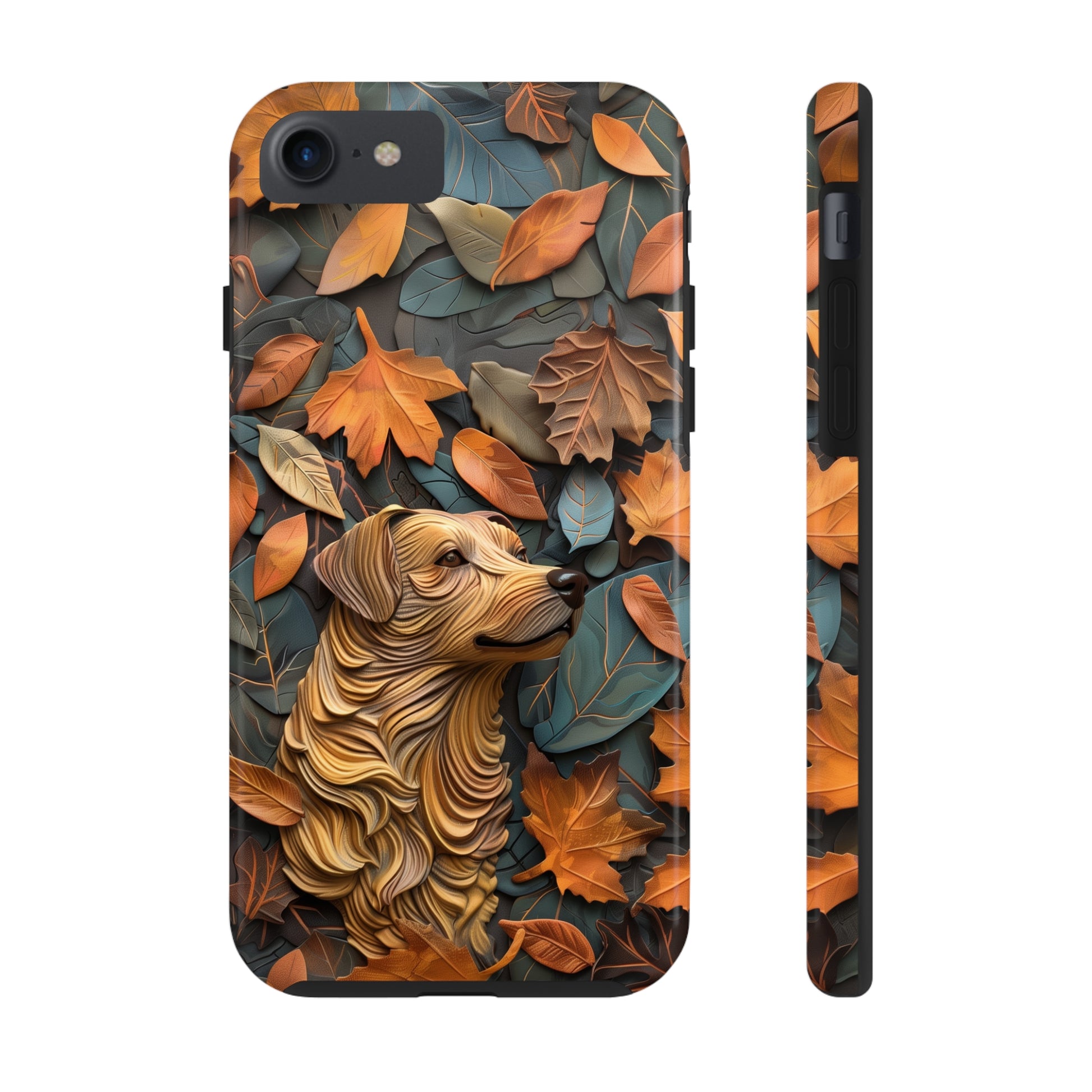 Dog and Autumn Leaves Wood Carving Design Dog iPhone Case - Tough Case - Pets on Merch