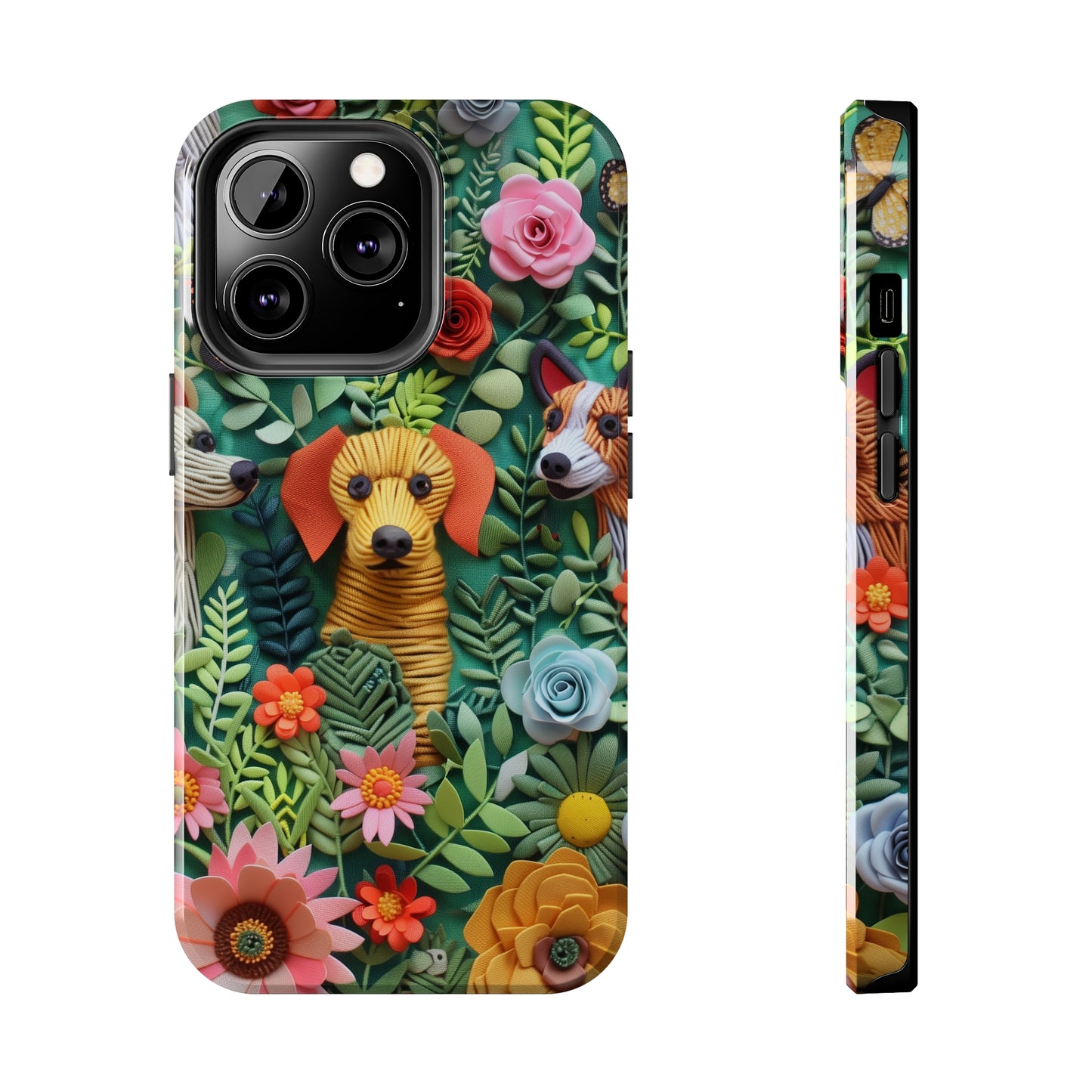 Dogs and Flowers Embroidered Fabric 3D Design Dog iPhone Case - Tough Case - Pets on Merch