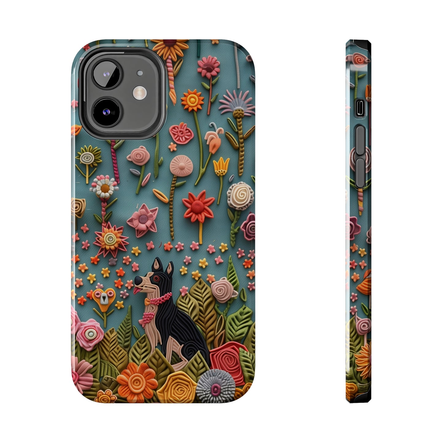 Dog and Flowers 3D Embroidered Design Dog iPhone Case - Tough Case - Pets on Merch