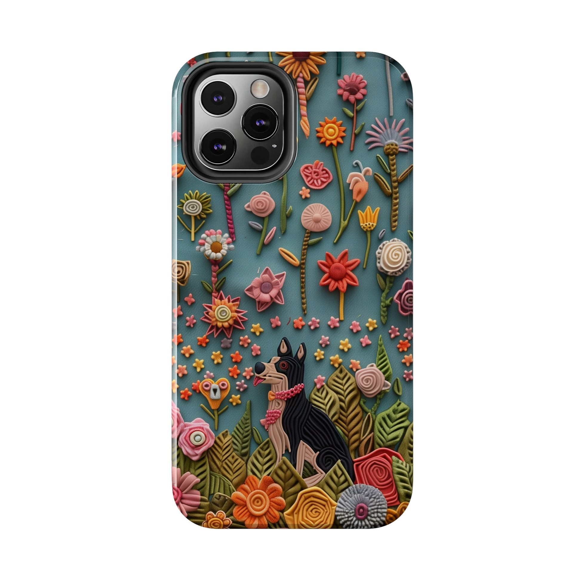 Dog and Flowers 3D Embroidered Design Dog iPhone Case - Tough Case - Pets on Merch