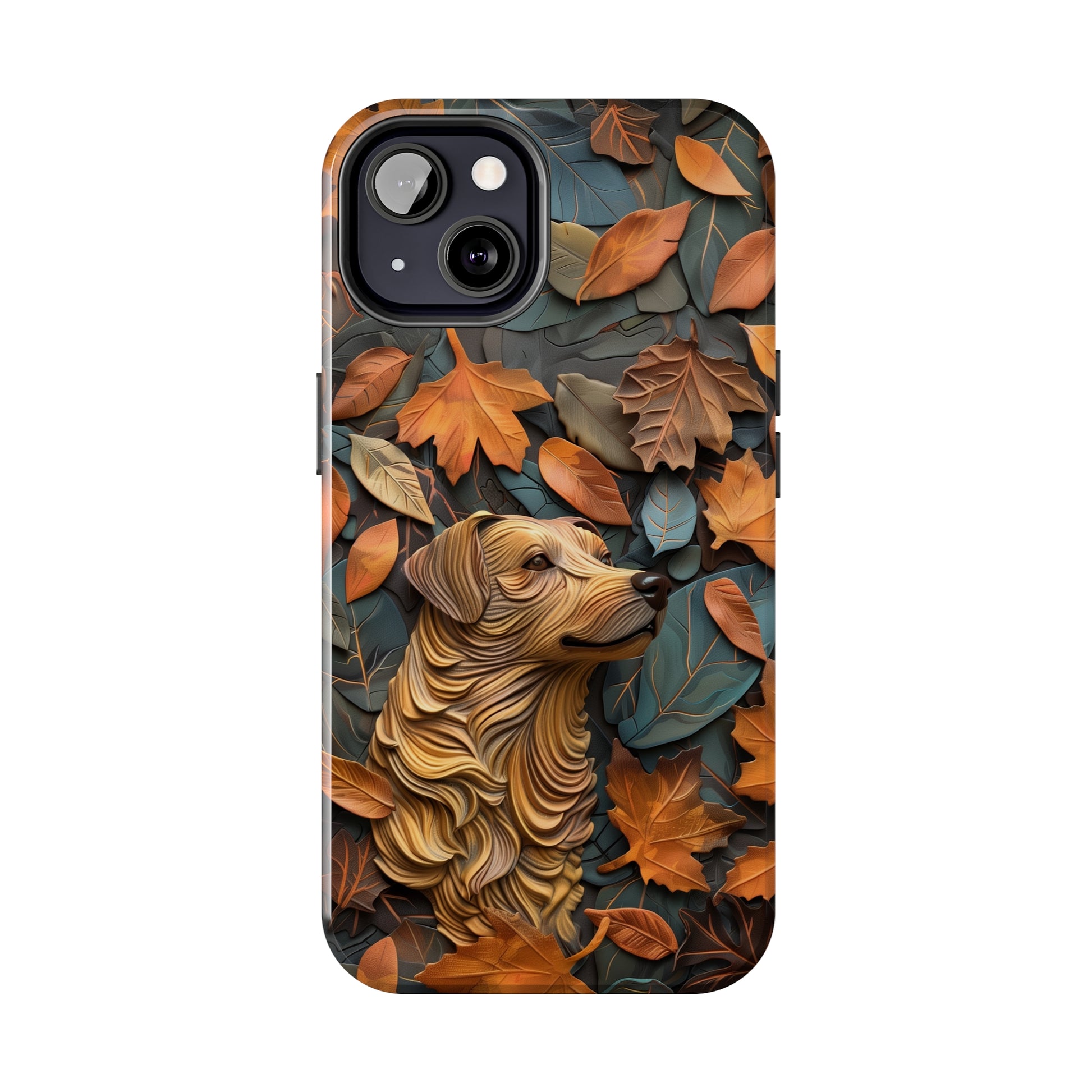 Dog and Autumn Leaves Wood Carving Design Dog iPhone Case - Tough Case - Pets on Merch