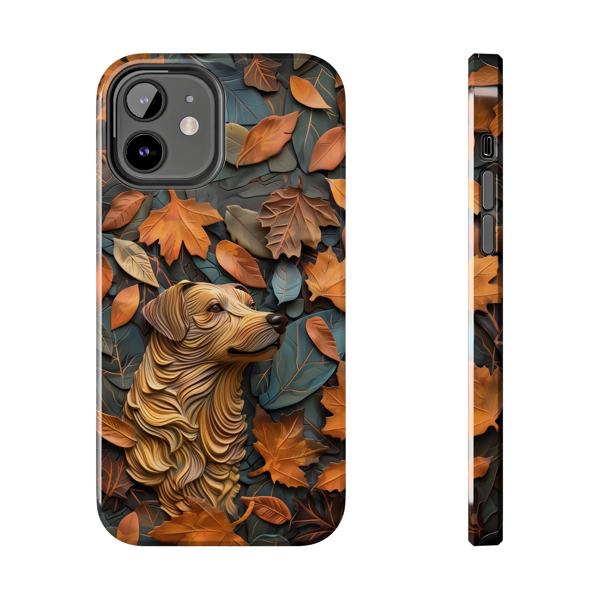 Dog and Autumn Leaves Wood Carving Design Dog iPhone Case - Tough Case - Pets on Merch