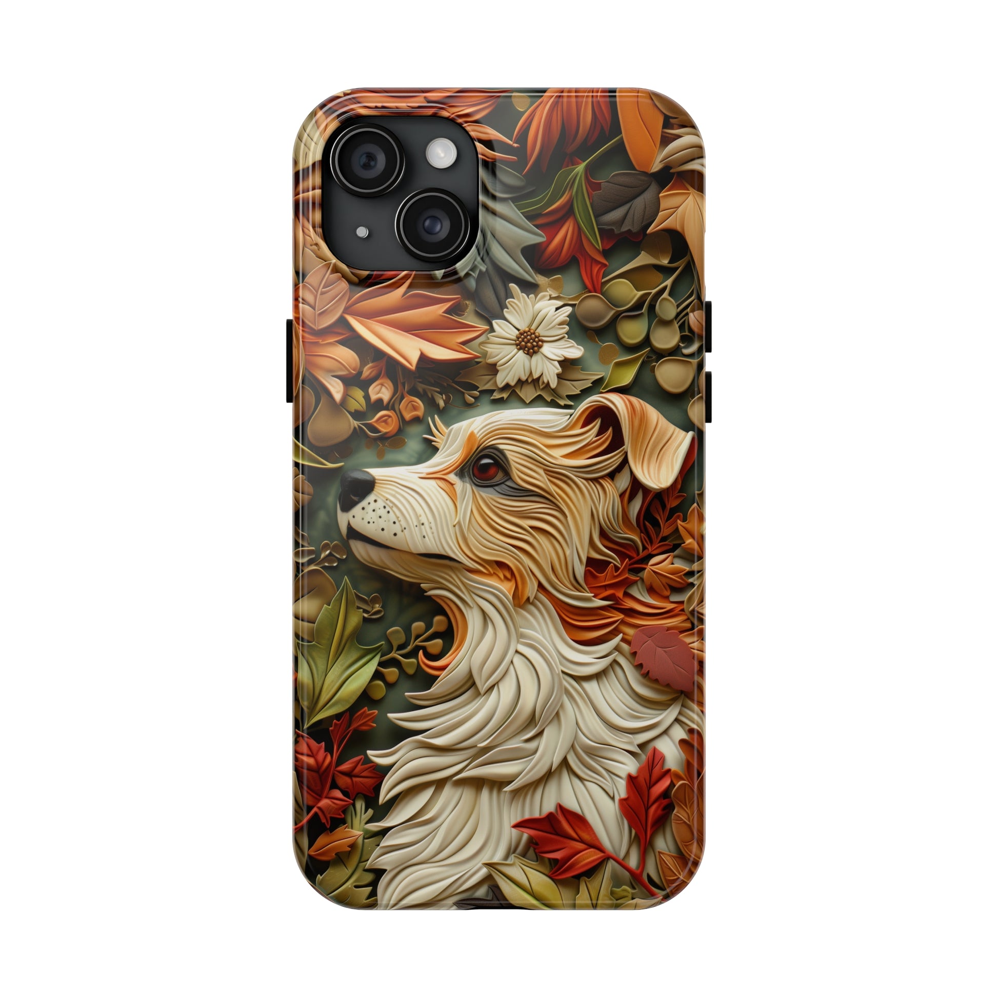 Dog and Leaves Wood Carving Design Dog iPhone Case - Tough Case - Pets on Merch dog-themed phone cases. Shop now for high-quality cases that combine style and protection. Unique art graphic Pet phone case. Tough case for iPhone 15 14 13 11 12 x se xs sr 8 7 pro plus max mini. Durable 2-piece design