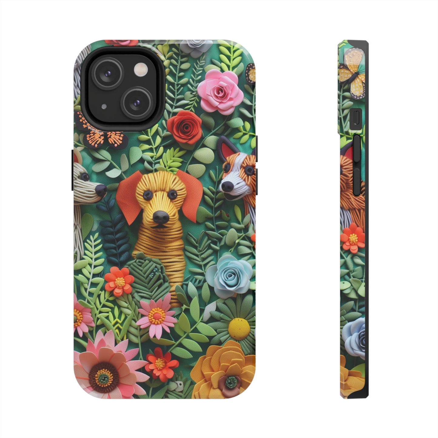 Dogs and Flowers Embroidered Fabric 3D Design Dog iPhone Case - Tough Case - Pets on Merch