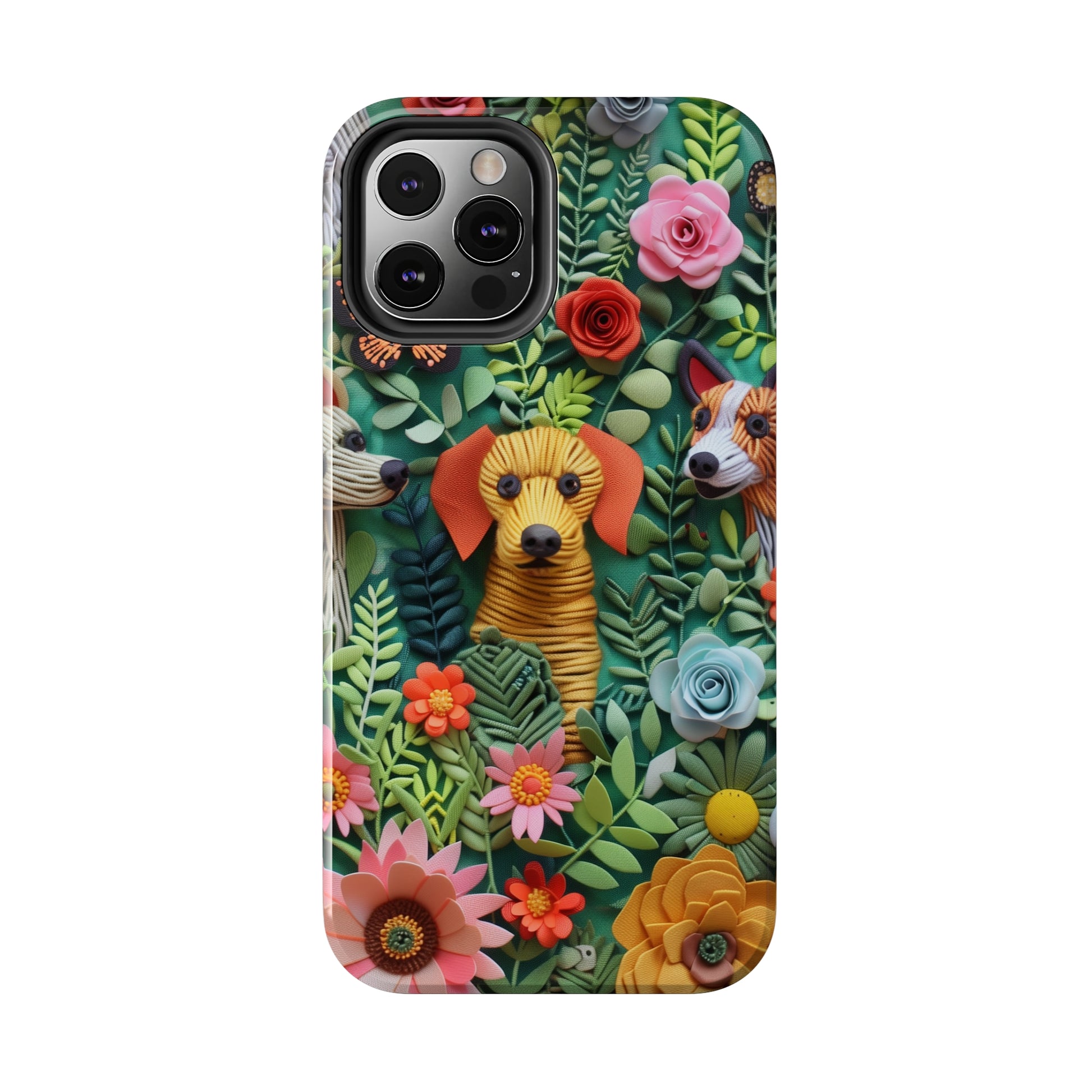 Dogs and Flowers Embroidered Fabric 3D Design Dog iPhone Case - Tough Case - Pets on Merch