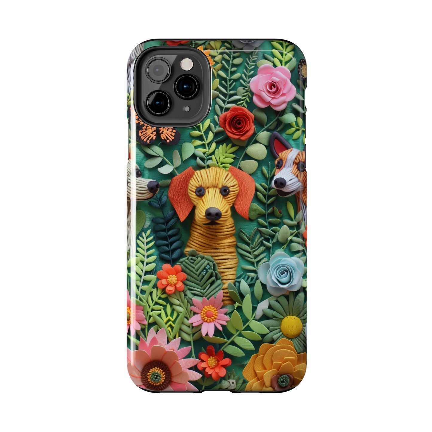 Dogs and Flowers Embroidered Fabric 3D Design Dog iPhone Case - Tough Case - Pets on Merch