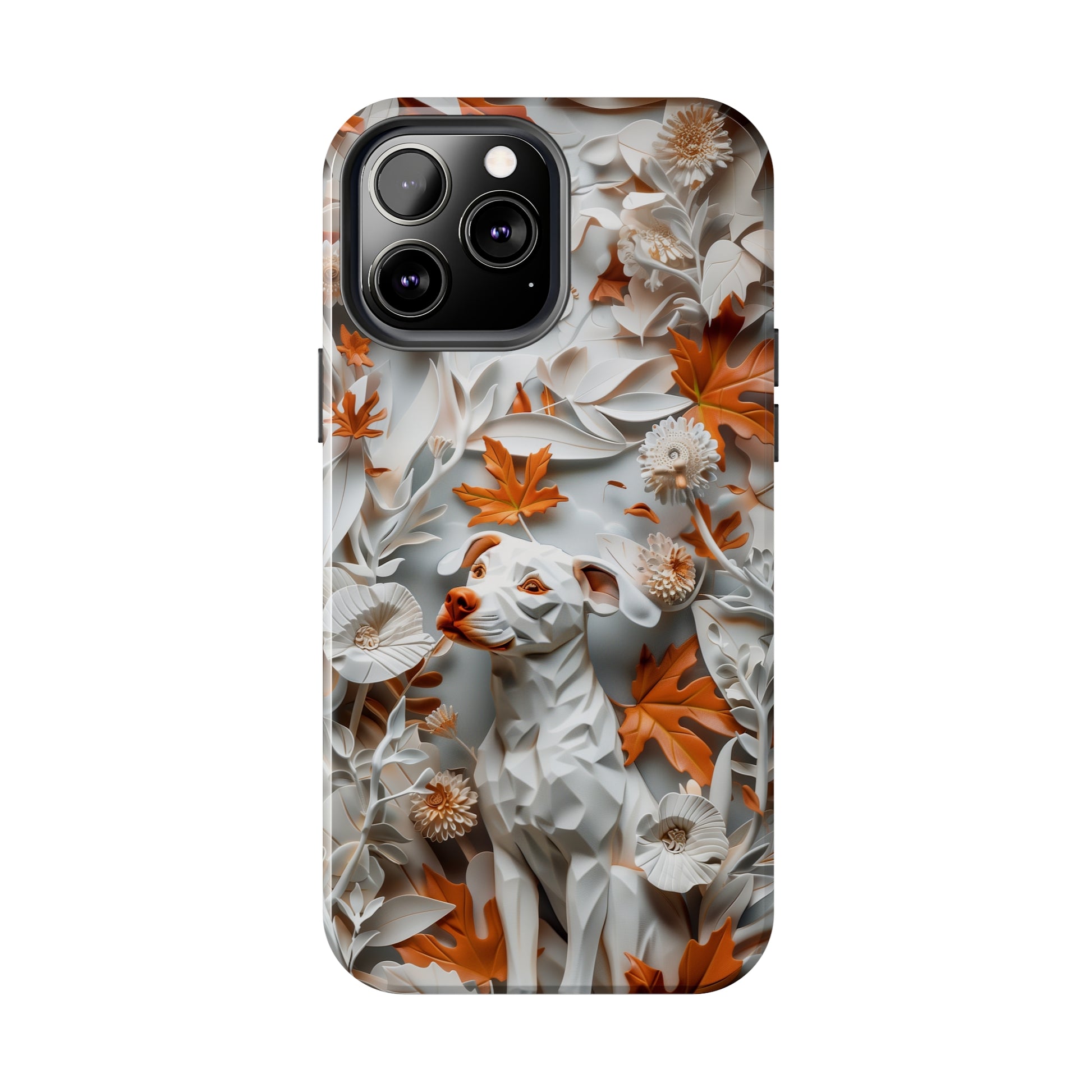 Dog and Leaves Paper Sculpture Design Dog iPhone Case - Tough Case - Pets on Merch dog-themed phone cases. Shop now for high-quality cases that combine style and protection. Unique art graphic Pet phone case. Tough case for iPhone 15 14 13 11 12 x se xs sr 8 7 pro plus max mini. Durable 2-piece design