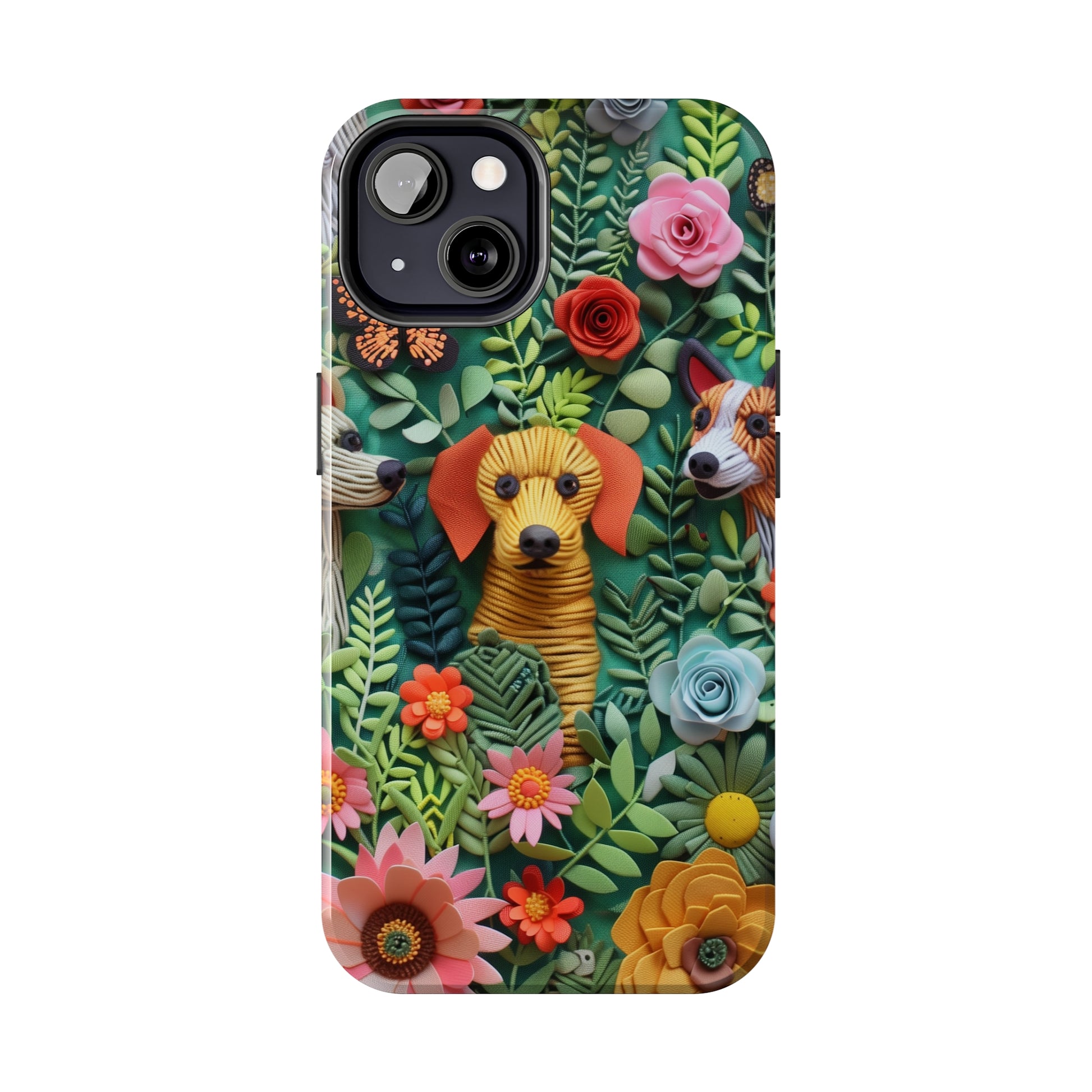 Dogs and Flowers Embroidered Fabric 3D Design Dog iPhone Case - Tough Case - Pets on Merch