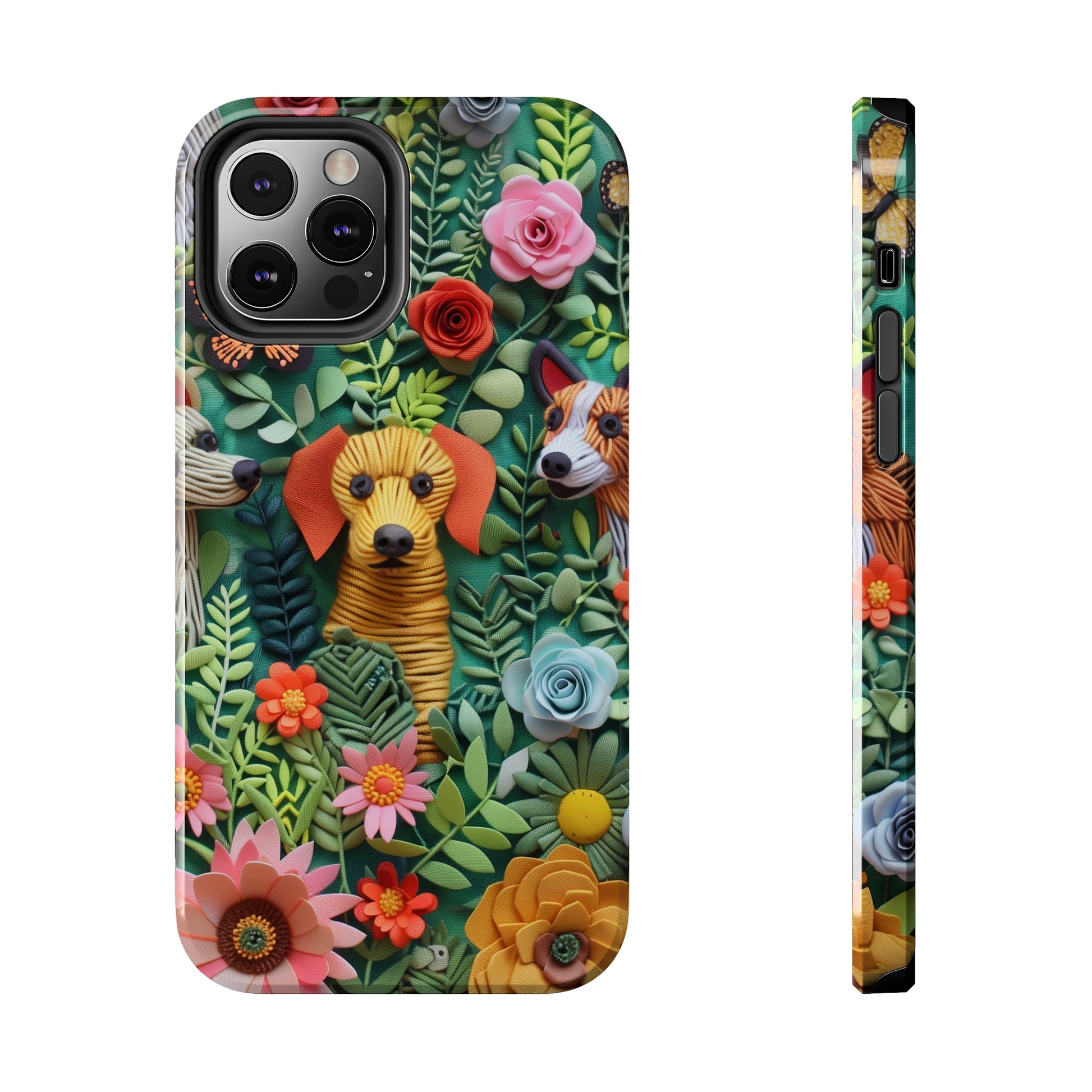 Dogs and Flowers Embroidered Fabric 3D Design Dog iPhone Case - Tough Case - Pets on Merch