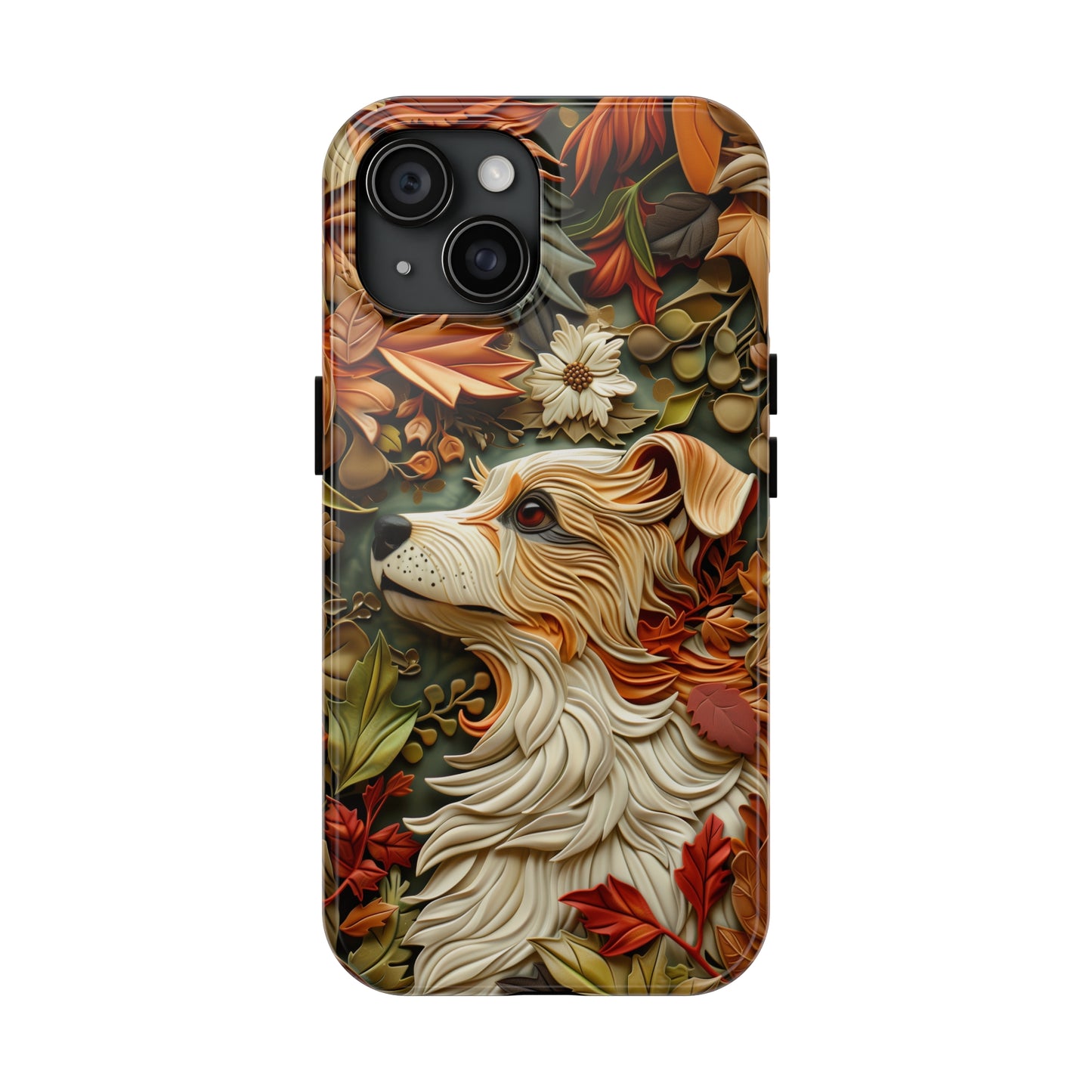 Colorful Phone Case for Dog Lovers Dog and Leaves Wood Carving Design Dog iPhone Case - Tough Case - Pets on Merch