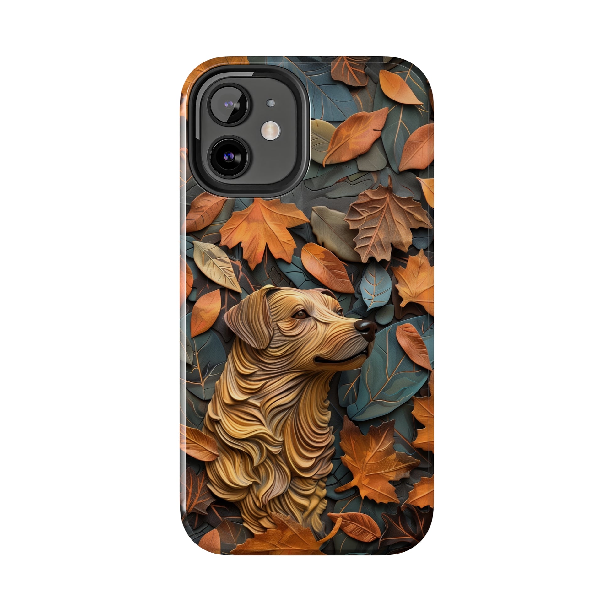 Dog and Autumn Leaves Wood Carving Design Dog iPhone Case - Tough Case - Pets on Merch