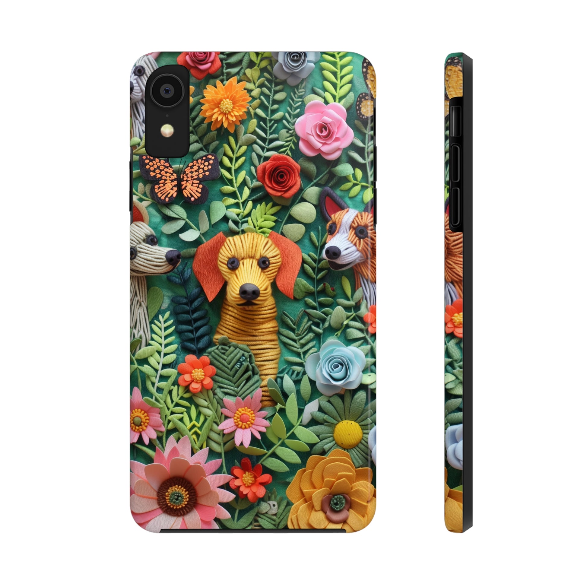 Dogs and Flowers Embroidered Fabric 3D Design Dog iPhone Case - Tough Case - Pets on Merch