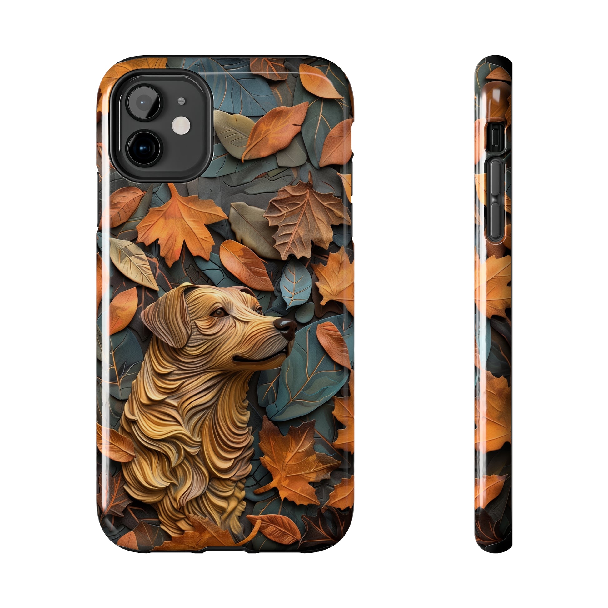 Dog and Autumn Leaves Wood Carving Design Dog iPhone Case - Tough Case - Pets on Merch