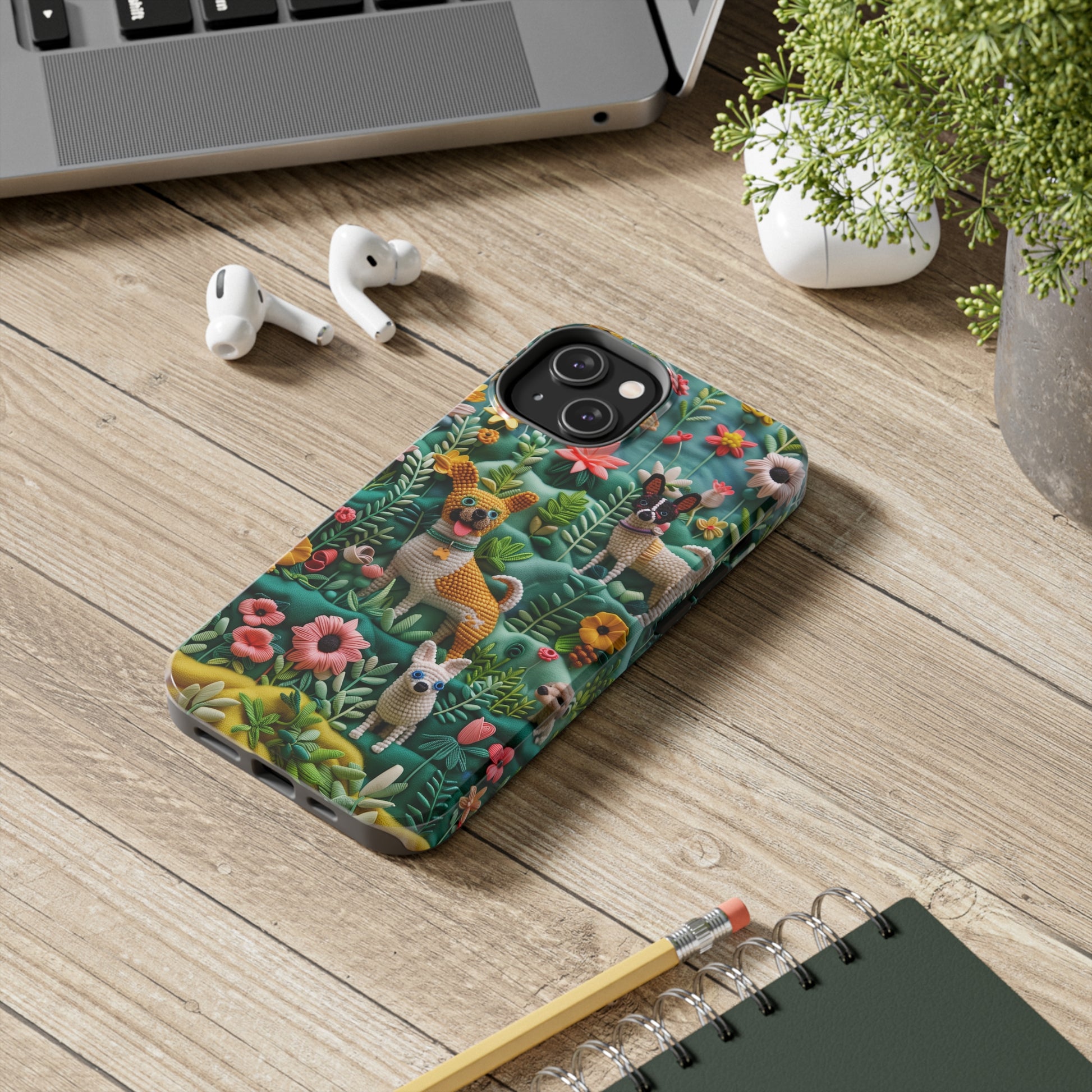 Dogs and Flowers 3D Yarn and Thread Design Dog iPhone Case - Tough Case - Pets on Merch