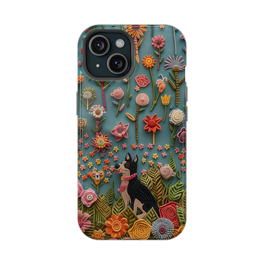 MagSafe Tough Case - Dog and Flowers 3D Embroidered Design Dog iPhone Case - Pets on Merch