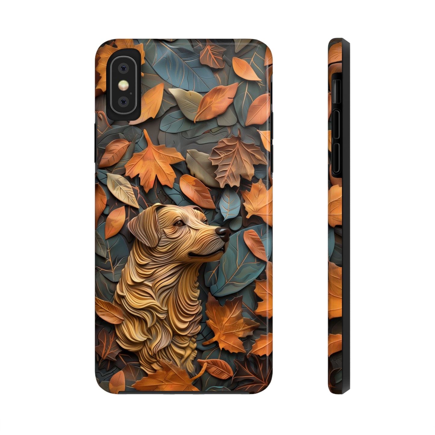 Dog and Autumn Leaves Wood Carving Design Dog iPhone Case - Tough Case - Pets on Merch