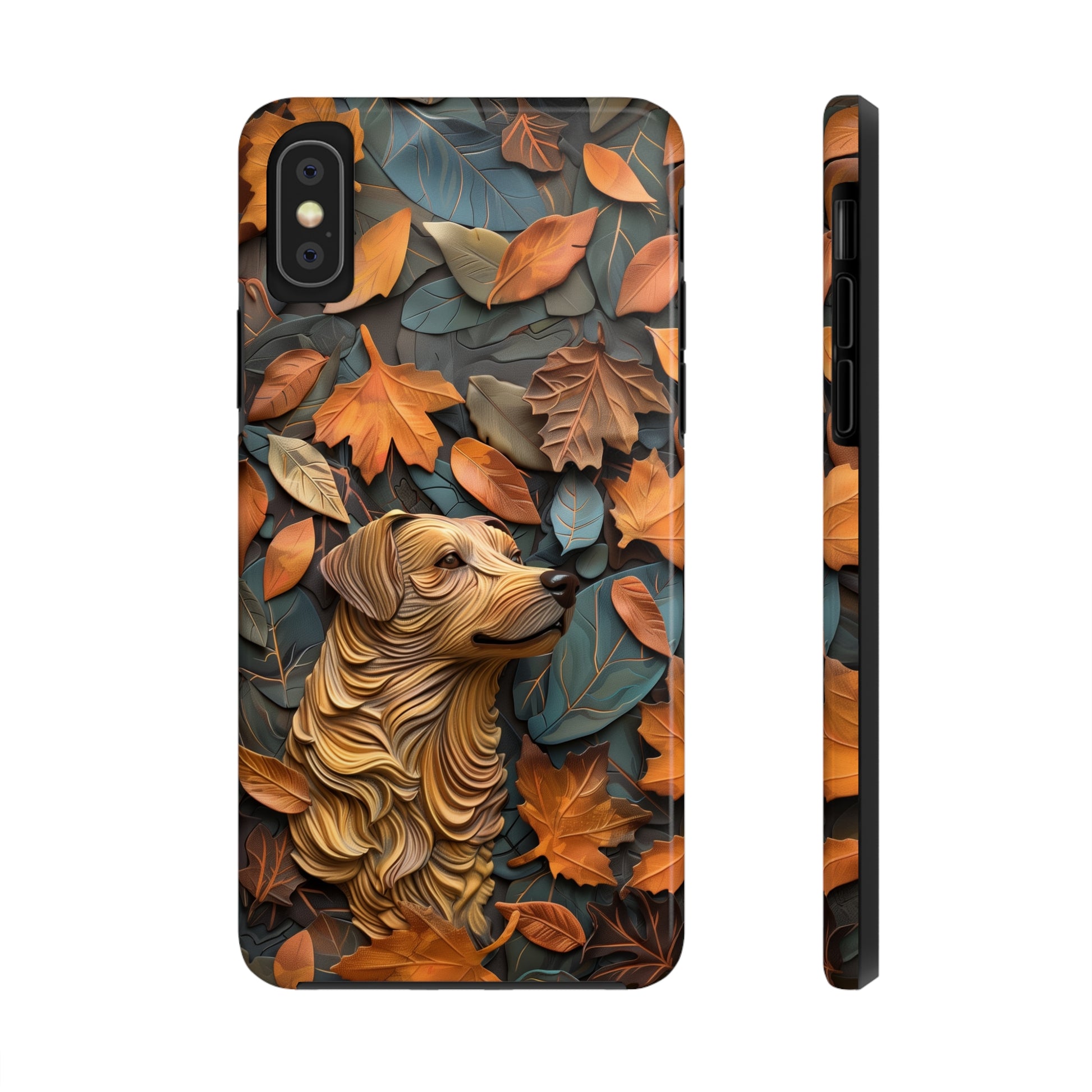 Dog and Autumn Leaves Wood Carving Design Dog iPhone Case - Tough Case - Pets on Merch