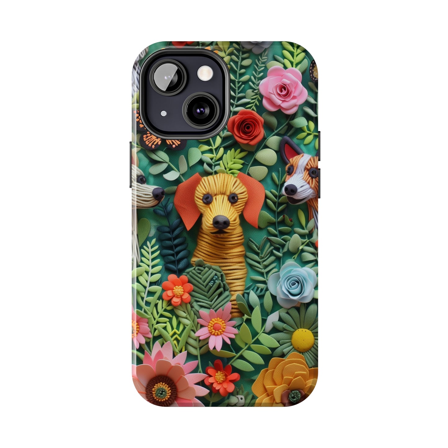 Dogs and Flowers Embroidered Fabric 3D Design Dog iPhone Case - Tough Case - Pets on Merch