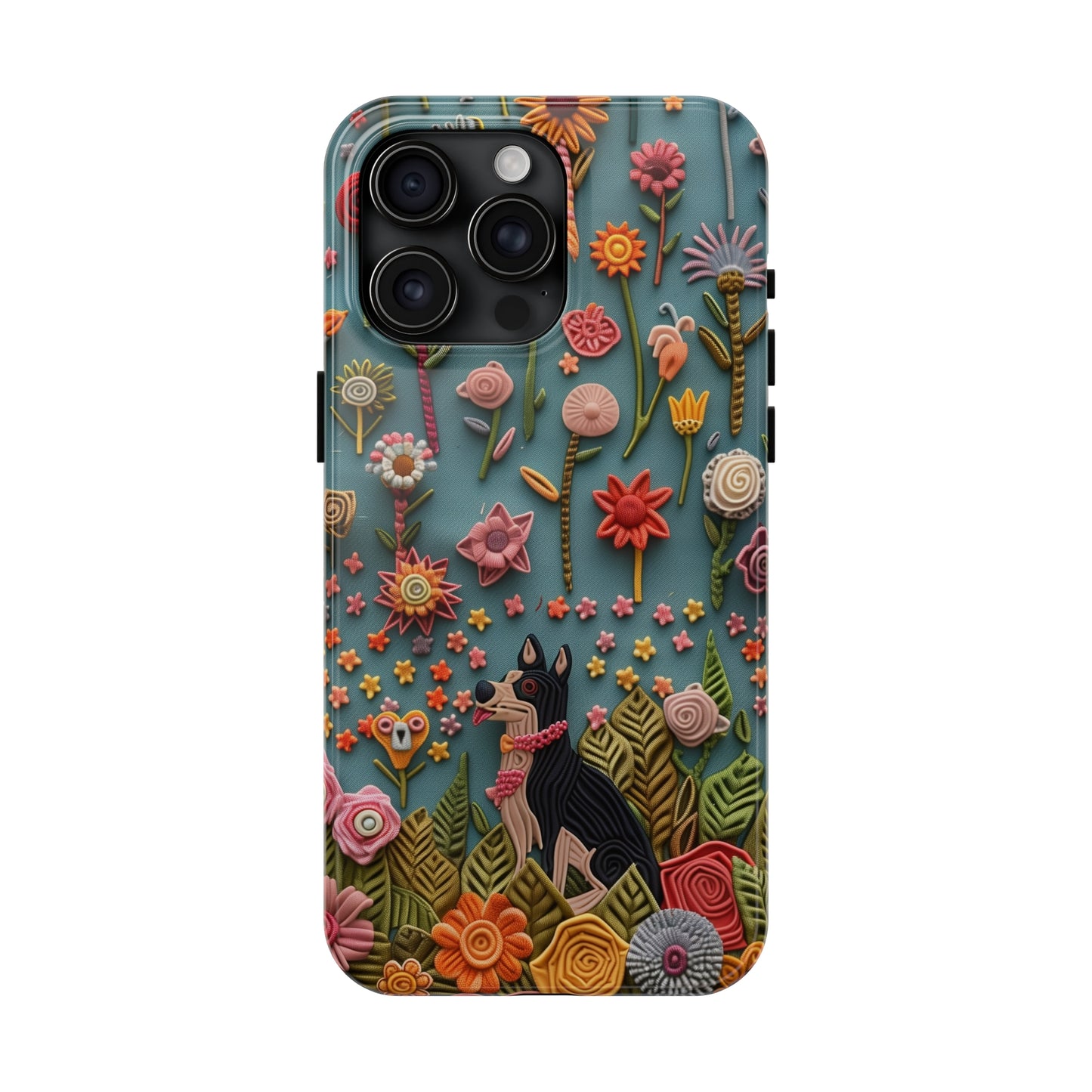 Dog and Flowers 3D Embroidered Design Dog iPhone Case - Tough Case - Pets on Merch