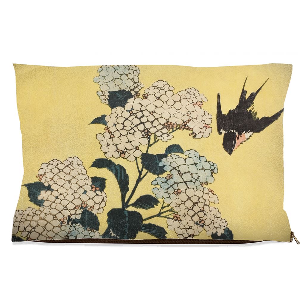 Premium Quality Pet Bed with Removable Washable Pillow Cover | Hydrangea and Swallow by Katsushika Hokusai. [FREE US SHIPPING] Dog Beds Pets on Merch Fleece 18x28 inch 