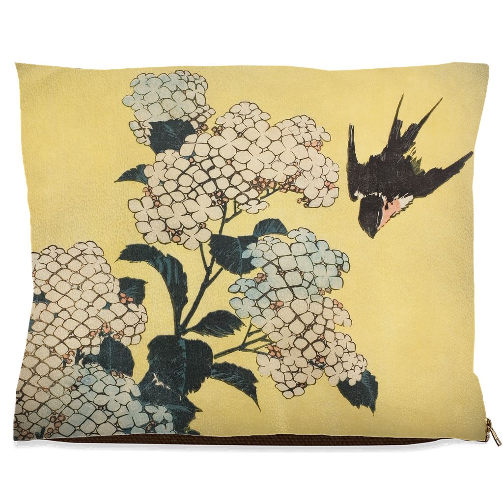 Premium Quality Pet Bed with Removable Washable Pillow Cover | Hydrangea and Swallow by Katsushika Hokusai. [FREE US SHIPPING] Dog Beds Pets on Merch Fleece 40x50 inch 