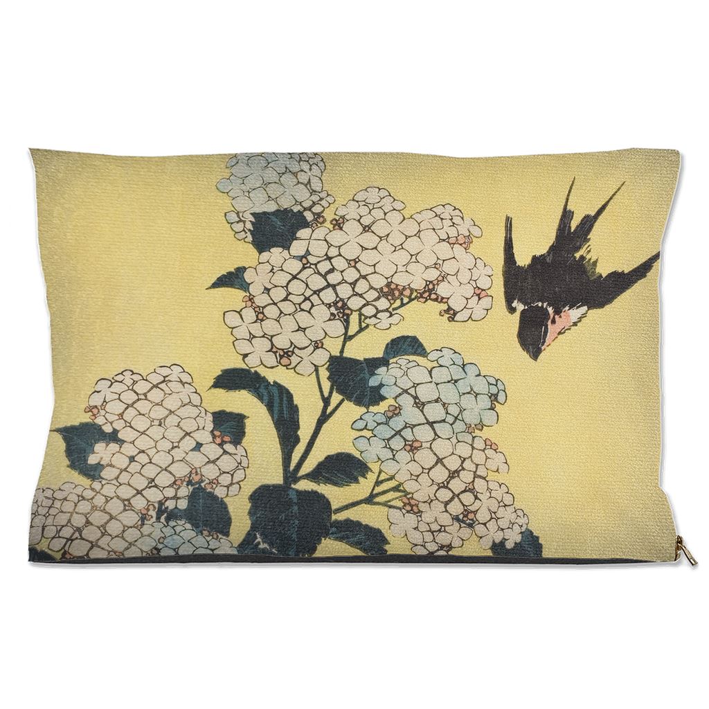 Premium Quality Pet Bed with Removable Washable Pillow Cover | Hydrangea and Swallow by Katsushika Hokusai. [FREE US SHIPPING] Dog Beds Pets on Merch Water Resistant 18x28 inch 