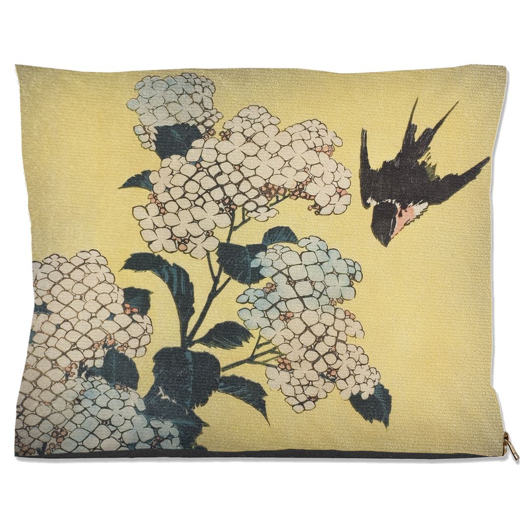 Premium Quality Pet Bed with Removable Washable Pillow Cover | Hydrangea and Swallow by Katsushika Hokusai. [FREE US SHIPPING] Dog Beds Pets on Merch Water Resistant 40x50 inch 