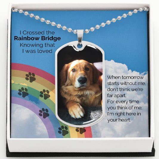 Rainbow Bridge Personalized Pet Memorial Photo Dog Tag Necklace for Men